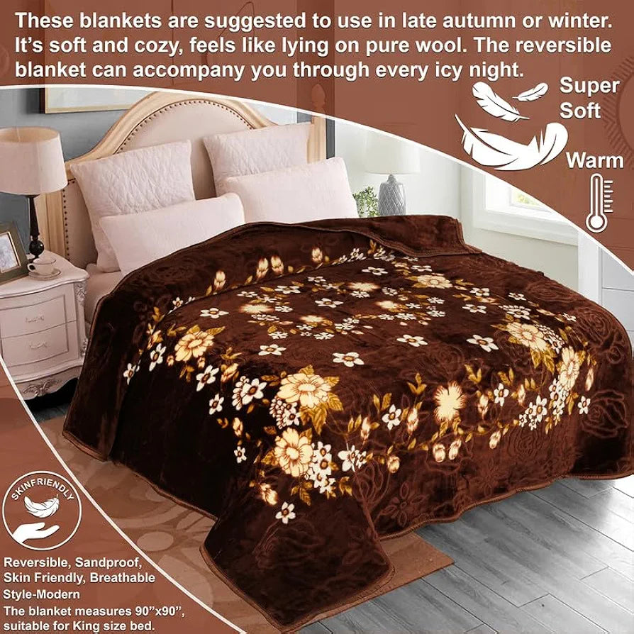Homekart Super Soft Cloudy Printed Double Bed Blanket for Heavy Winter Single Ply Mink Blanket King Size TC 400 Dark Brown & Beige
