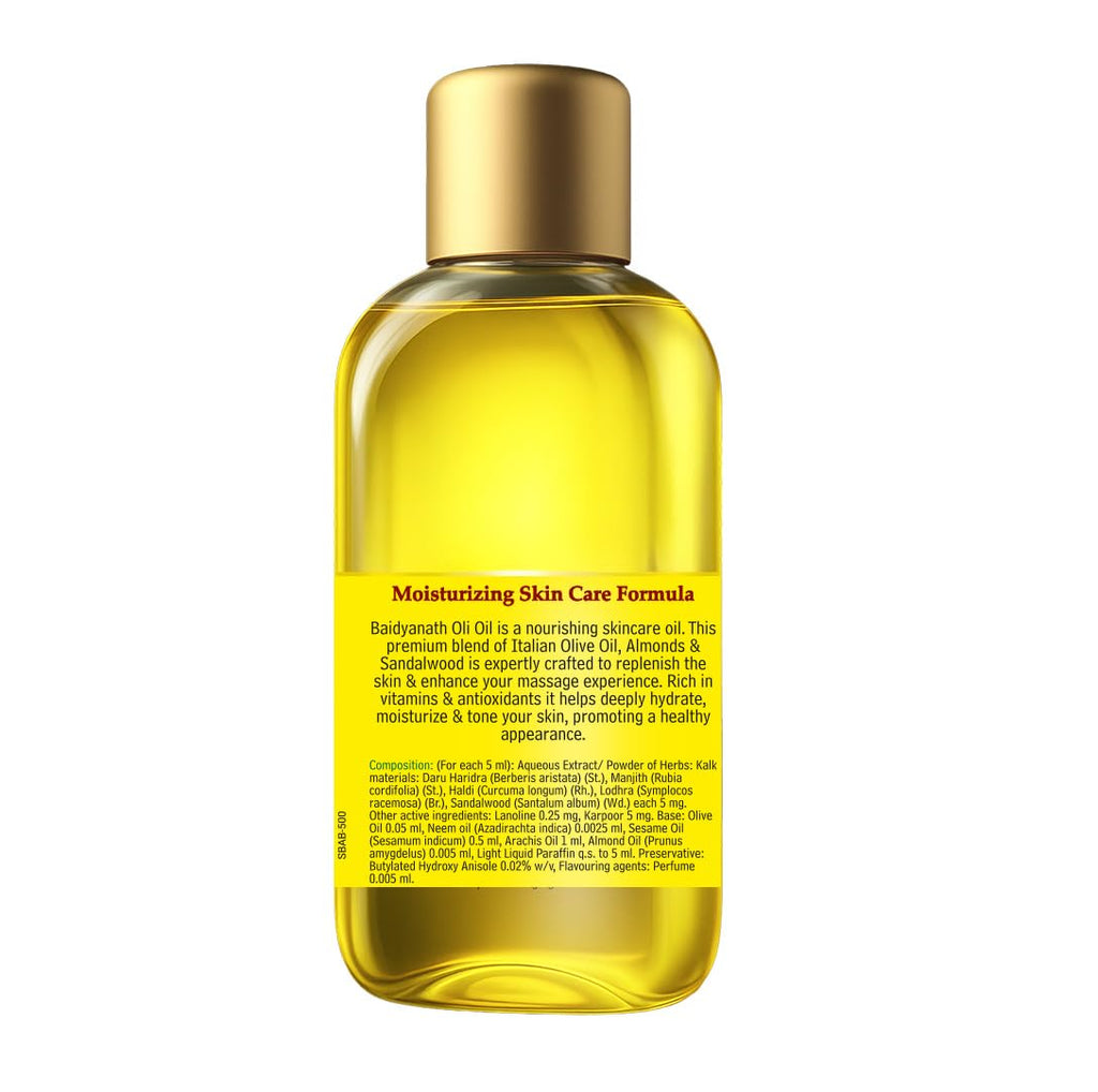 Baidyanath Oli Oil | Herbal Body Oil with Italian Olive Oil, Almond Oil, Neem, Sandalwood & Sesame Oils, Haldi & 5 Herbs | With Vit E & Antioxidants | Nourishes Dry Skin, Non-Sticky & Fast Absorbing | 500ml