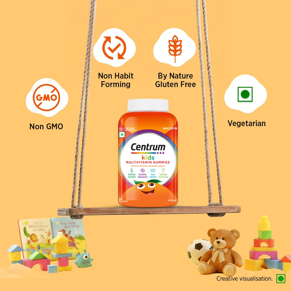 Centrum Kids- Multivitamin Gummies for Kids | Non-Habit Forming | With Zinc, Vitamin B, C, D for Overall Growth, Healthy Digestion, Eye Health, Immunity | Tasty Orange Flavour | Veg - 50 gummies