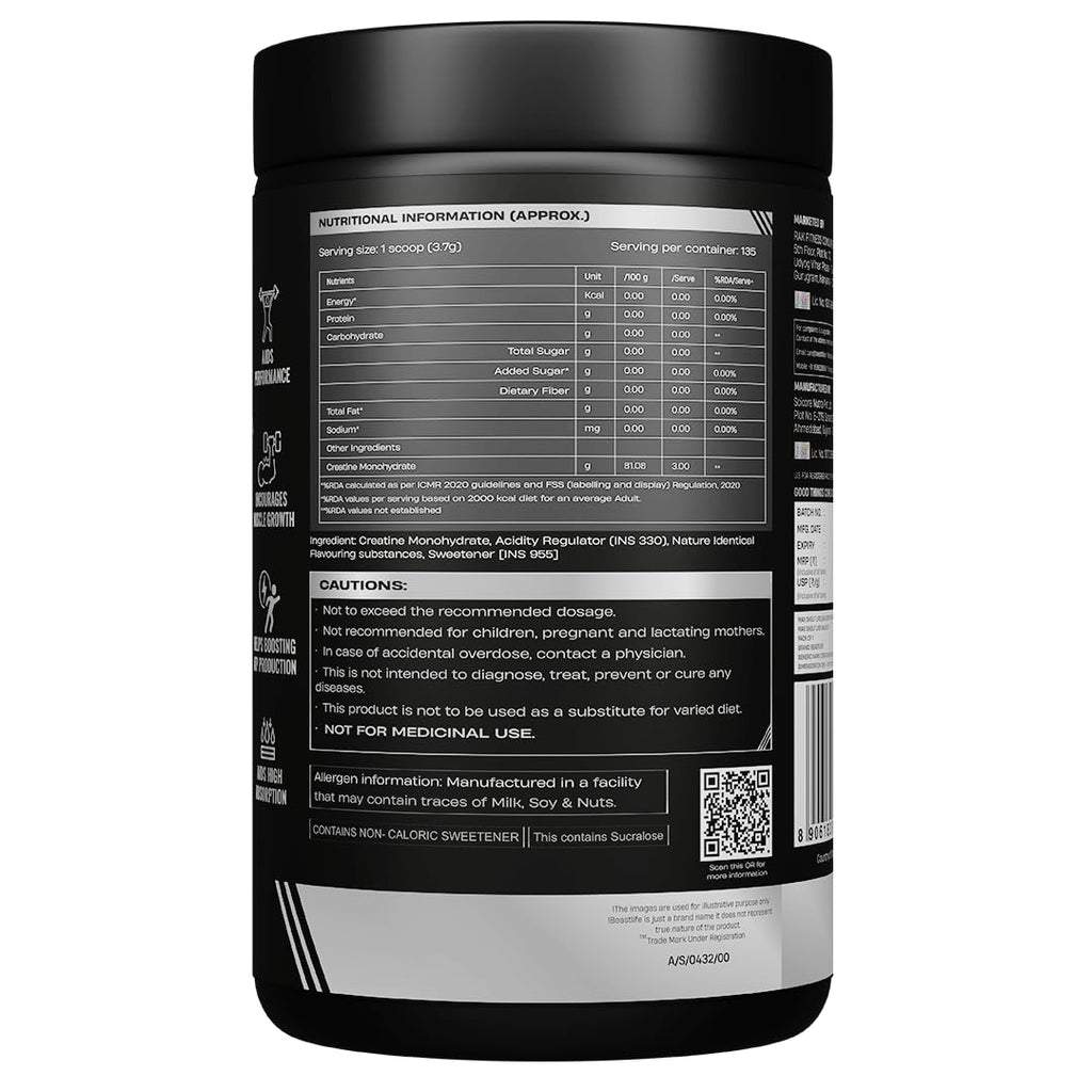 BEASTLIFE Super Micronized Creatine Monohydrate Powder 500g | 135 Servings Shikanji Flavor | NABL Lab Tested | Premium Sports Nutrition for Strength & Performance