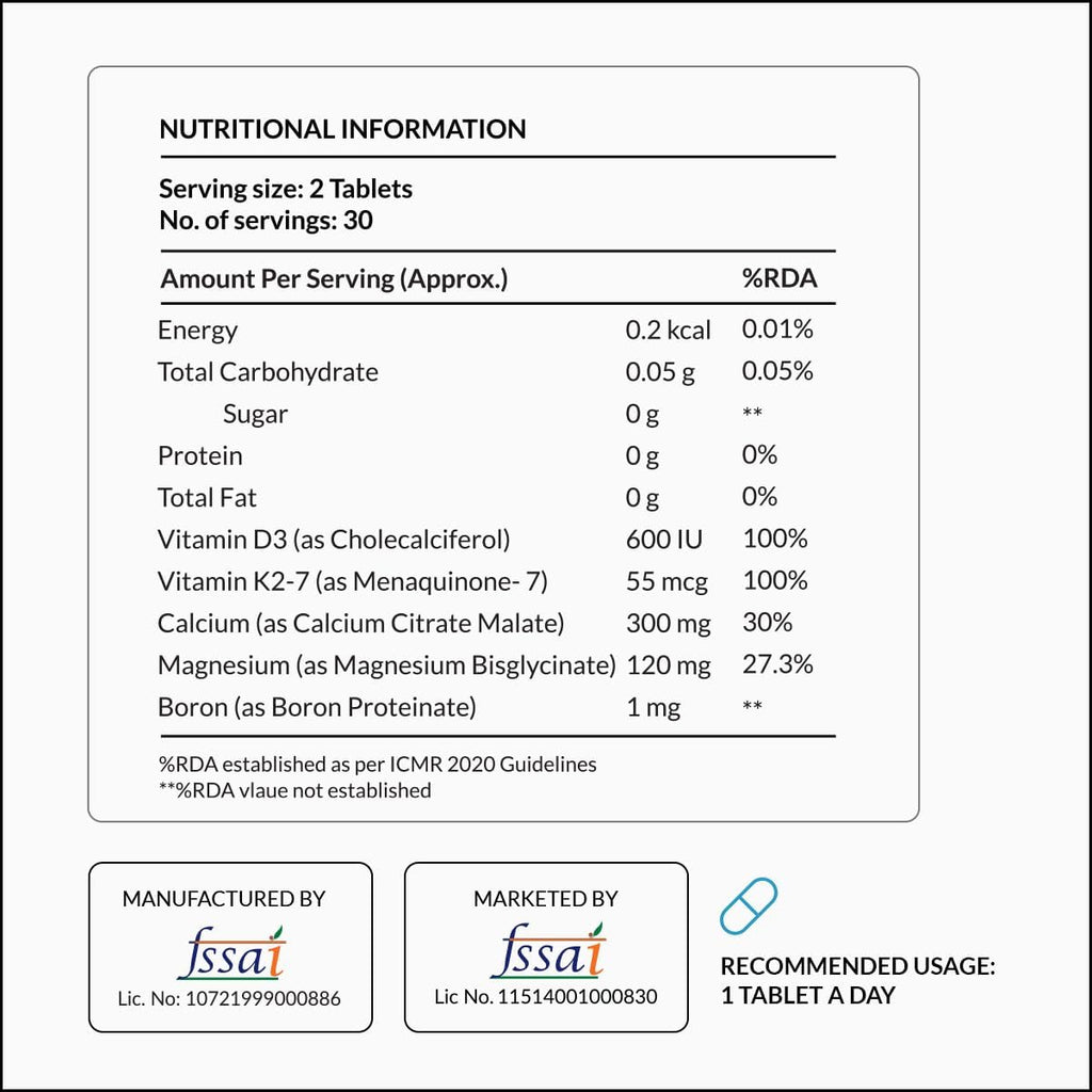 Nutrova Calcium+Magnesium | With Vitamin D3, K2-MK7 & Boron | Boosts Bone Strength, Joint & Muscle Health | High Absorption with Calcium Citrate Malate & Magnesium Bisglycinate | 60 Veg Tablets.