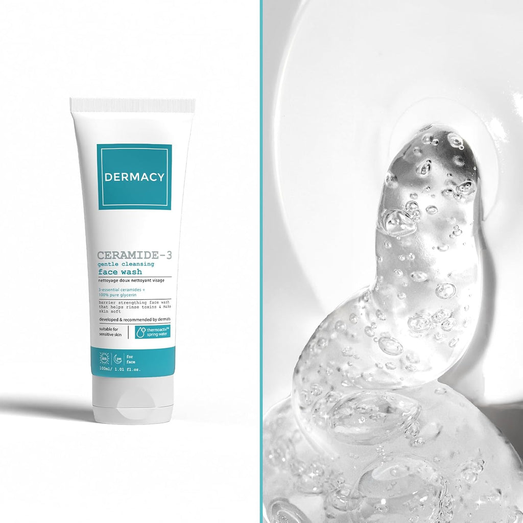 Dermacy Ceramide - 3 Gentle Cleansing Face Wash | Barrier - Strengthening Face Wash That Helps Rinse Toxins & Make Skin Soft | 3 - Essential Ceramides + 2.5% Hyaluronic Acid Complex + ThermoActiv Spring Water|For Sensitive Skin|100ml