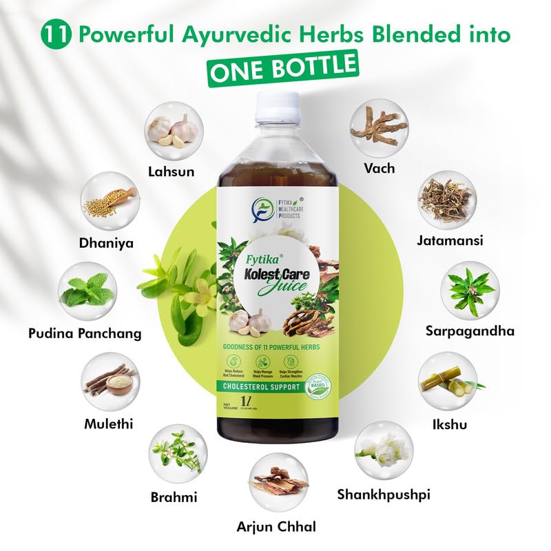 Fytika Kolest Cholesterol Care Juice (1L) | Blend of 11 Ayurvedic Herbs | ArjunaChhal, Shankhpushpi, Sarapgandha, Jatamansi | Authentic Ayurvedic Juice for Daily Use (Pack of 1)