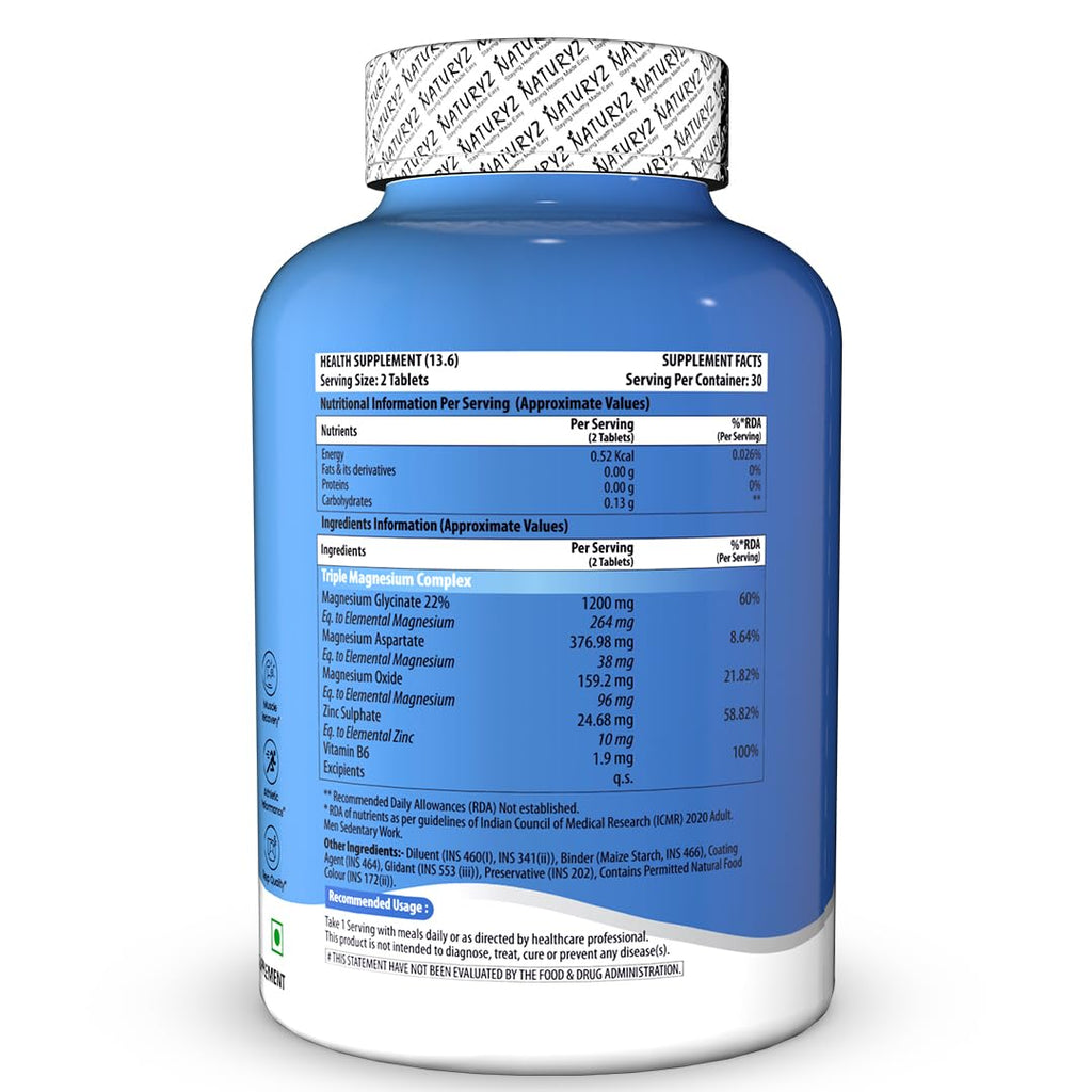 NATURYZ Triple 3-in-1 Magnesium Complex 1736mg (Glycinate, Aspartate & Oxide) with Zinc for Maximum Absorption | Supports Stress Relief, Sleep, Muscle Recovery, Nerves, Joints & Cognition - 60 Tablets