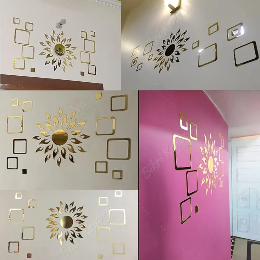 Bikri Kendra Sun Golden with 2 Set Square Golden Decorative Mirror Stickers for Wall 3D Acrylic Stickers