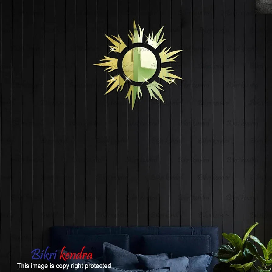 Bikri Kendra Sun Golden Mirror Stickers for Wall, Acrylic Mirror Wall Decor Sticker Model-11