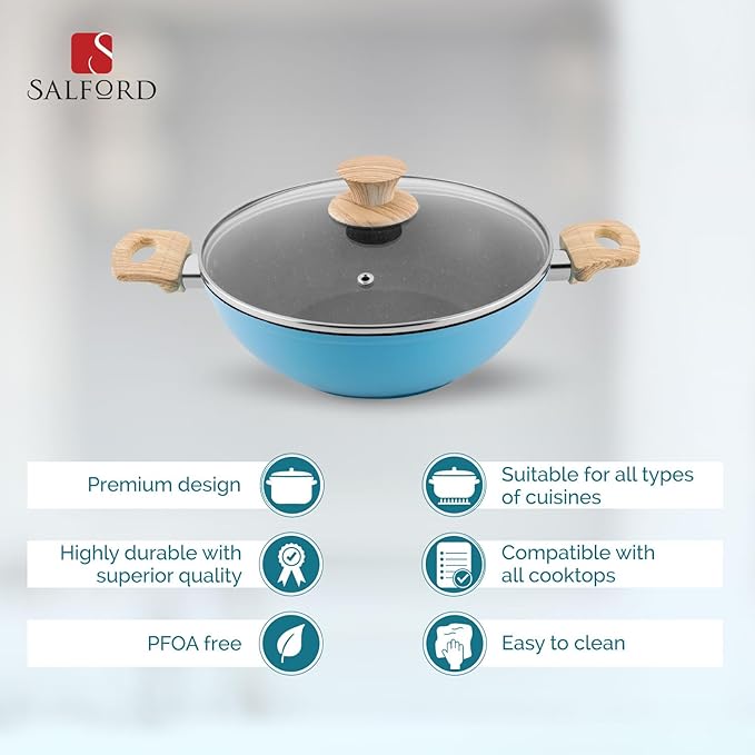Salford by Ucook Forged Non-stick Kadhai + Glass Lid With Soft Touch Wooden Handle | Black Spatter Finish Dusty Blue | 260mm | 3.25 Litre