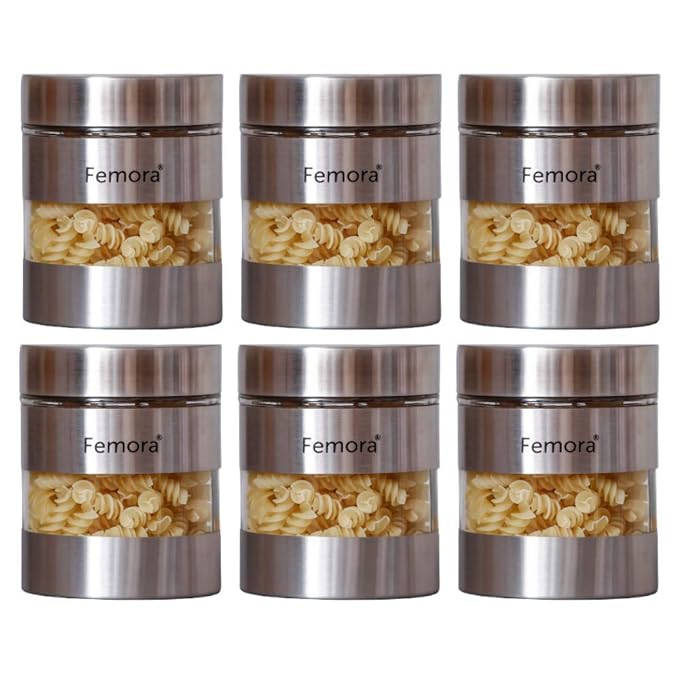 Femora Kitchen Storage Jars Steel Body With See Through Window Jar | 700 Ml | Pack of 6