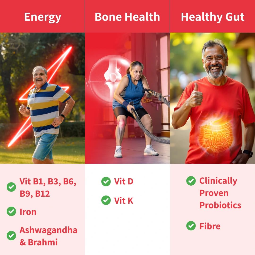 Good Monk Healthy 50+ Multivitamin for Senior Men & Women | For Energy, Bone & Gut Health | With Probiotics, Fibre, Ashwagandha, Vit. B12, C, D, Iron, Zinc | Add To Food - No Taste Change | 120 Serves Jar