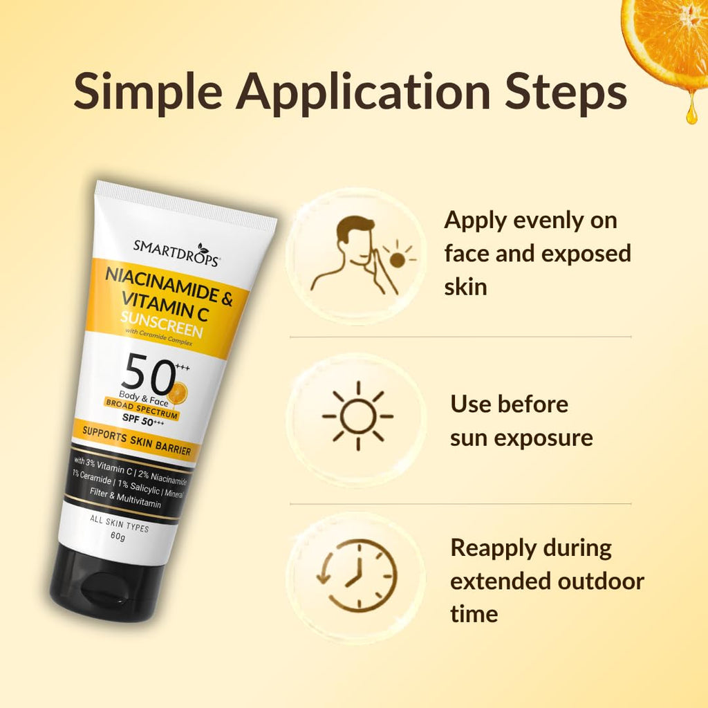 Smartdrops Sunscreen SPF 50+++ PA+++ Broad Spectrum with Niacinamide & Vitamin C, Lightweight Lotion for Daily Use, Face and Body Application, Suitable for Men and Women - 60ml (Pack of 1)