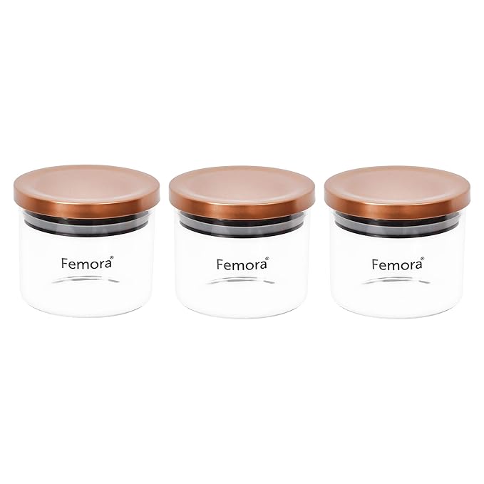 Femora Borosilicate Glass Jar With Golden Metallic Lid | Jars for Kitchen Storage | 300 Ml | Set of 2