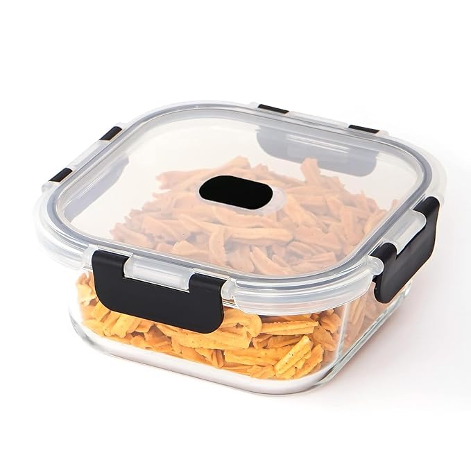 Femora Borosilicate Square Glass Container With Dectahable & Break Free Lid | Black Color | 300 Ml | Set of 2