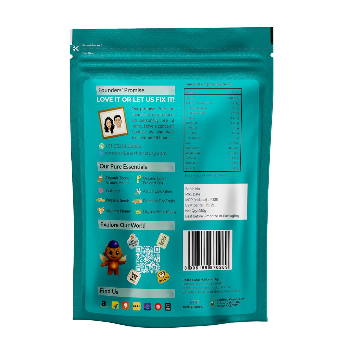 Earthen Story Organic Sabja Seeds 250g | Raw Basil Seeds | Rich in Omega-3, Fiber & Plant Protein | Gluten-Free Superfood for Digestion & Hydration