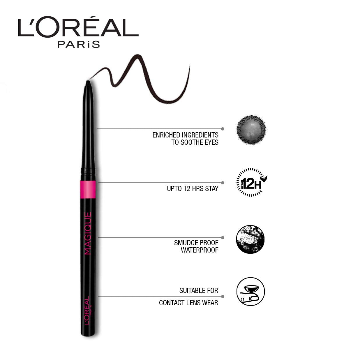 L'OrÃ©al Paris Kajal, Waterproof Eyeliner, 14 Hours of Smudge-Proof Wear, With Vitamin E, Cocoa Butter, Olive Oil Esters and Vitamin C, Magique, Colour: Supreme Black. 0.35g