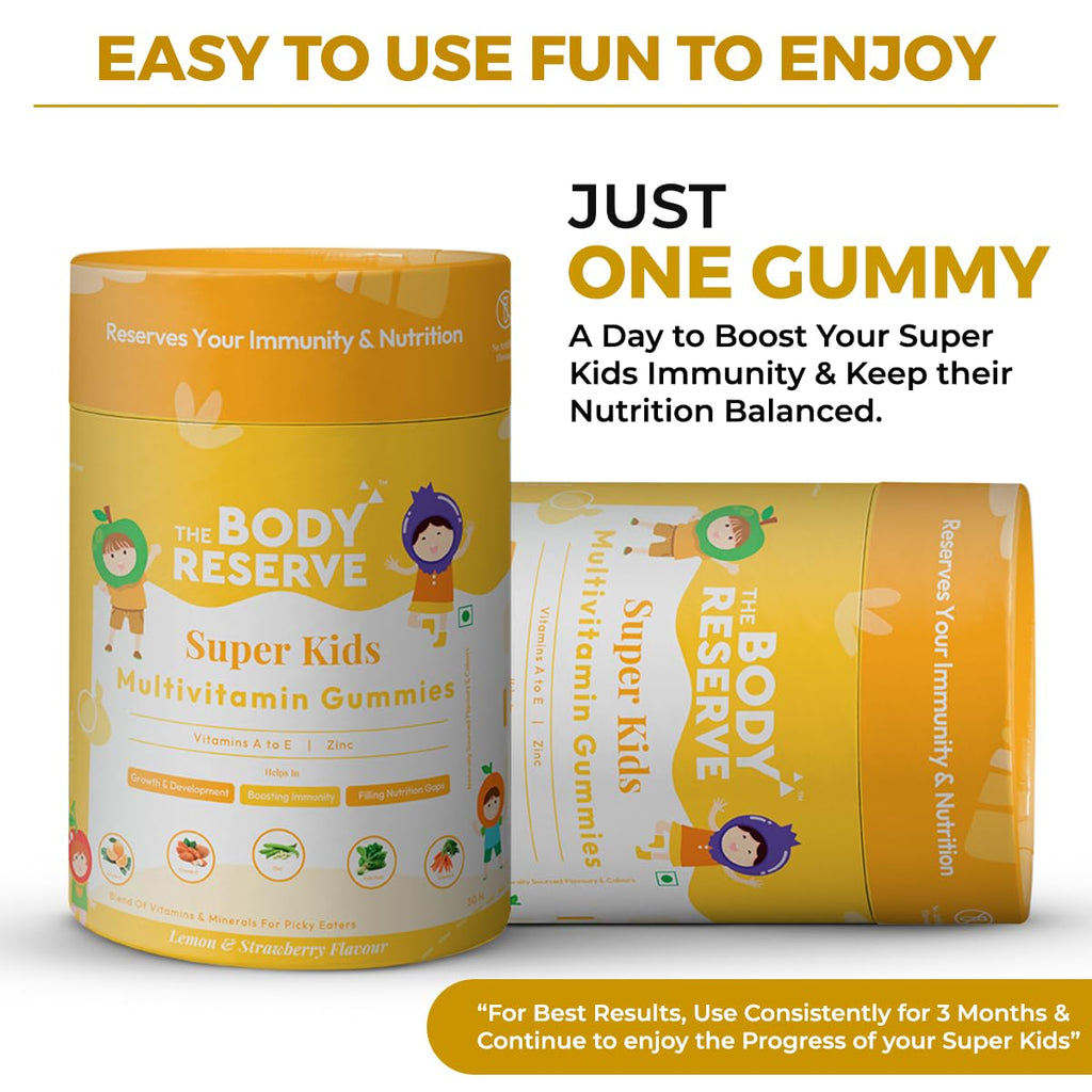 The Body Reserve's Multivitamin Gummies For Kids With 10 Vitamins & Minerals Helps Kids Growth, Strong Bones & Teeth, Improves Immunity, Antibody Production Lemon & Strawberry Flavour 30 Gummies