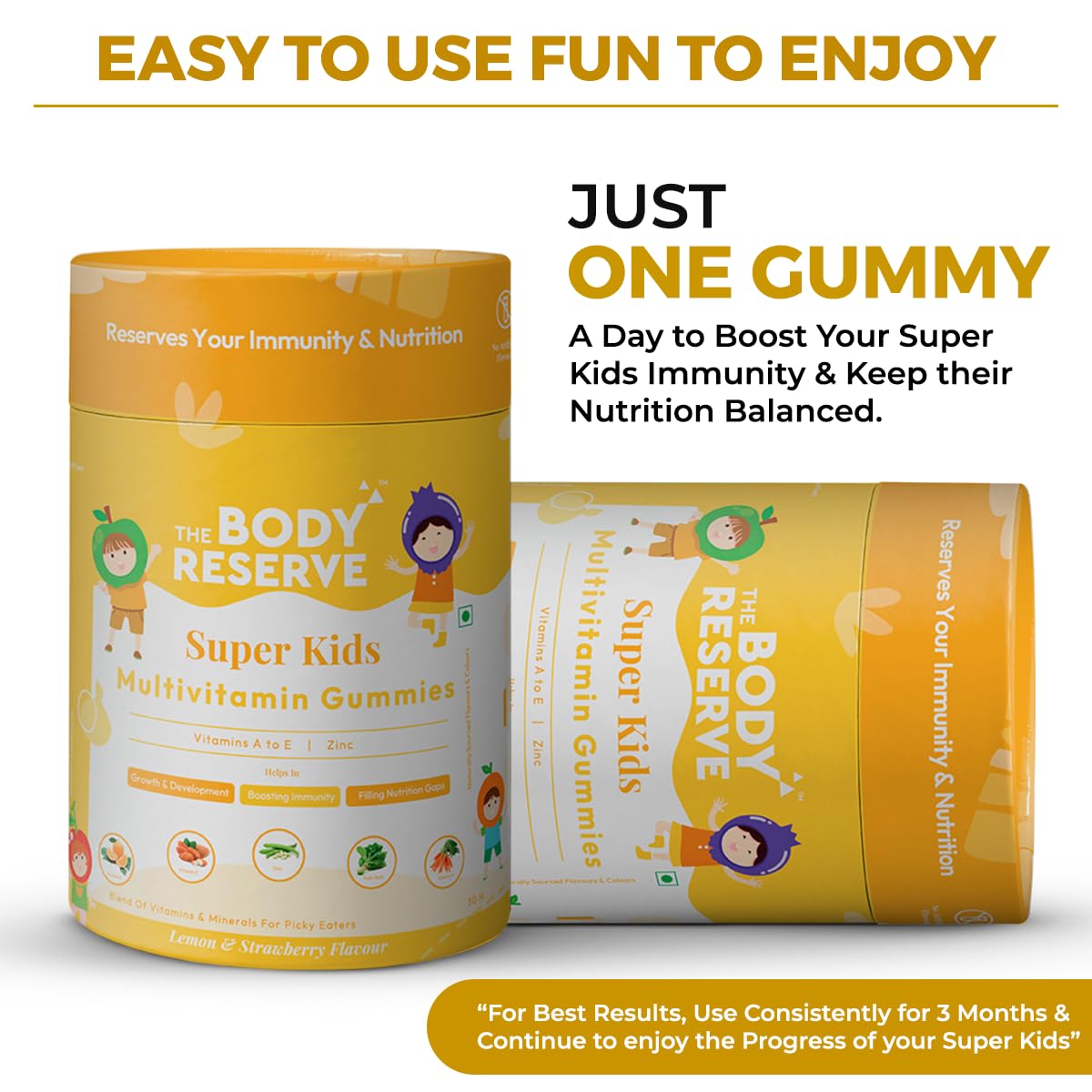 The Body Reserve's Multivitamin Gummies For Kids With 10 Vitamins & Minerals Helps Kids Growth, Strong Bones & Teeth, Improves Immunity, Antibody Production Lemon & Strawberry Flavour 30 Gummies