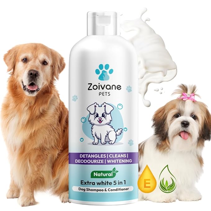 Zoivane Dog Shampoo - 500 Ml | Extra White 5 in 1 Dog Shampoo & Conditioner for Whitening, Glowing
