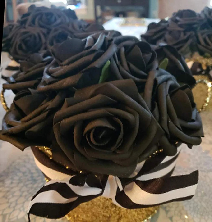 Artificial Flowers 25pcs Real Looking Black Foam Fake Roses with Stems Black
