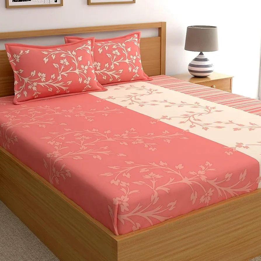 Dreamscape Cotton King Bedsheet with 2 Pillow Covers Peach Bougainvillea Color