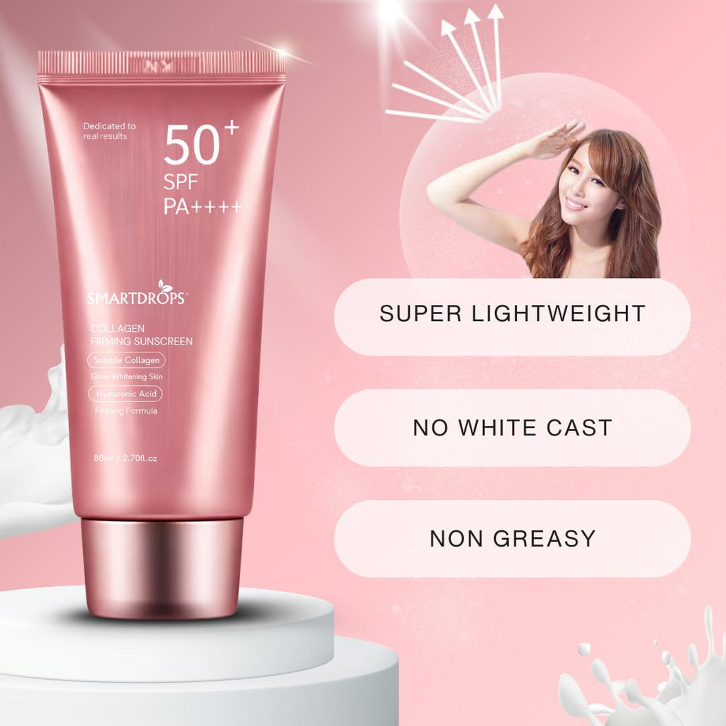 Smartdrops Collagen Sunscreen SPF 50+ PA++++ with Hyaluronic, Lightweight Daily Sun Protection Cream for Men & Women, All Skin Types (Pack 1)