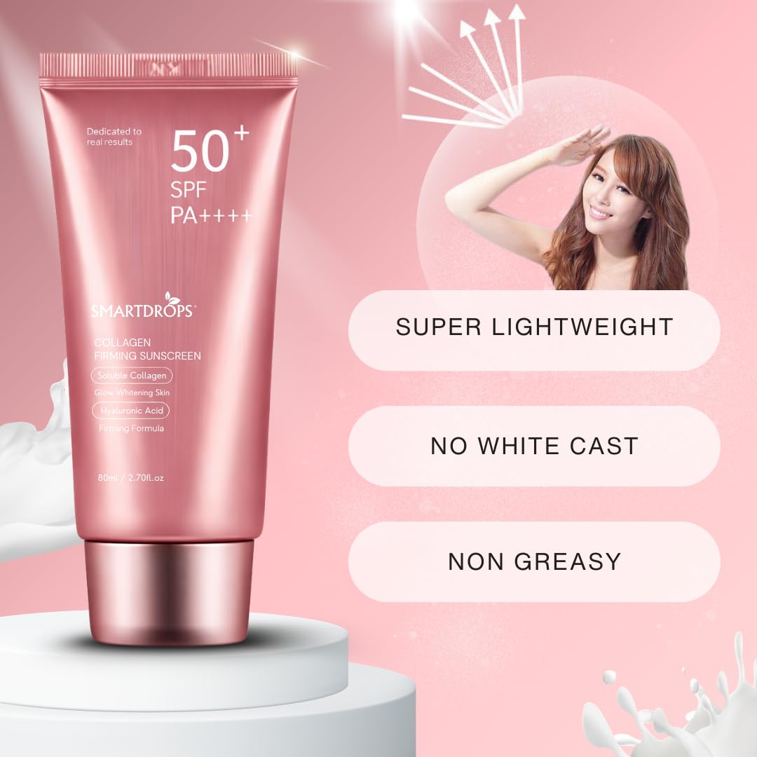 Smartdrops Collagen Sunscreen SPF 50+ PA++++ with Hyaluronic, Lightweight Daily Sun Protection Cream for Men & Women, All Skin Types (Pack 1)