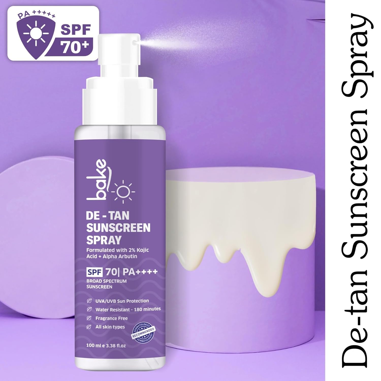 BAKE Spf 70 Sunscreen Spray Pa++++|Waterproof - 180 Minutes|With 2% Kojic Acid & Alpha Arbutin,Sweat Resistant|For Tan Removal,Pigmentation & Uva/B Sun Protection|No Whitecast,Lightweight - 100Ml,All