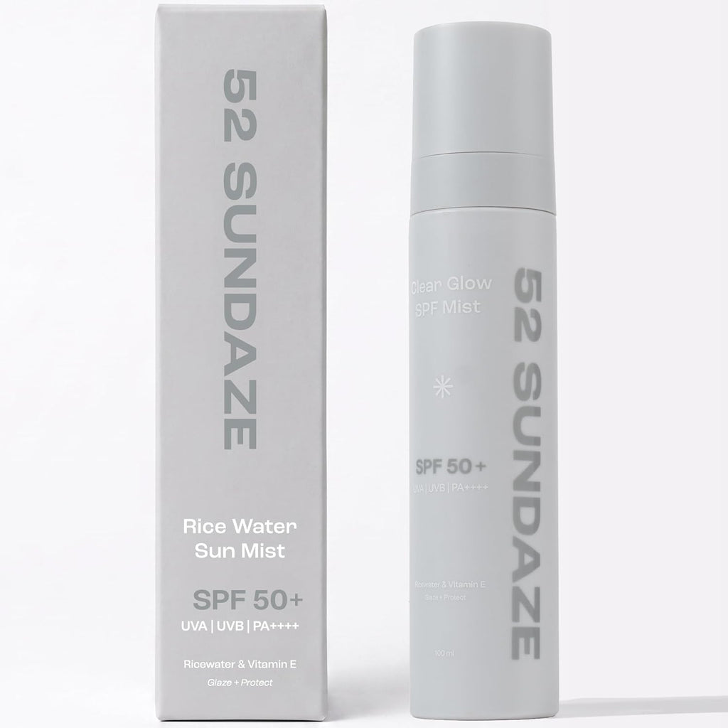 52 Sundaze Rice Water Sunscreen Mist SPF 50 PA++++ | Broad Spectrum UVA/UVB Protection | Alcohol-Free | Invisible, No White Cast | Lightweight, Reapply Over Makeup | For Oily, Combination, Acne-Prone & Sensitive Skin | 100 ml