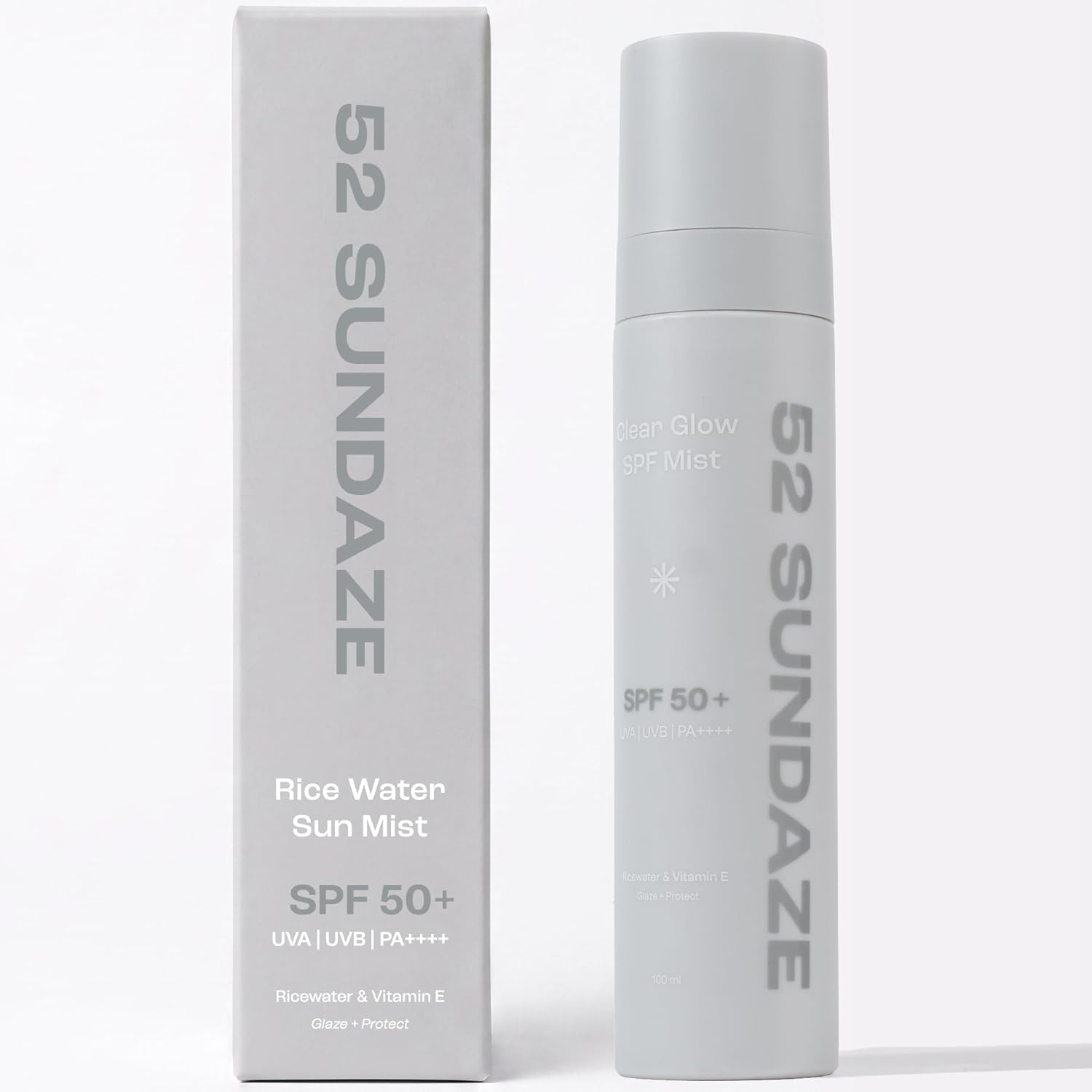 52 Sundaze Rice Water Sunscreen Mist SPF 50 PA++++ | Broad Spectrum UVA/UVB Protection | Alcohol-Free | Invisible, No White Cast | Lightweight, Reapply Over Makeup | For Oily, Combination, Acne-Prone & Sensitive Skin | 100 ml