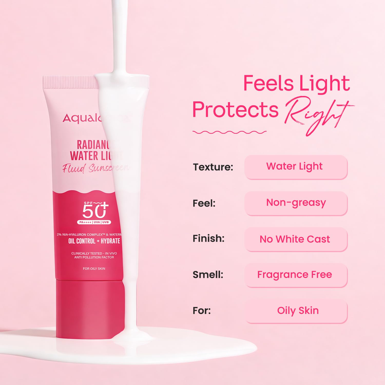 Aqualogica Radiance+ Water Light Fluid Sunscreen SPF 50+ PA++++, 25g | 2% Nia-Hyaluron Complex | Broad Spectrum UVA/UVB & Blue Light Protection | Fragrance-Free | No White Cast | Ultra-Lightweight | Travel Friendly | For Men & Women