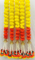 Artificial Marigold Fluffy Flowers Garlands Pack of 5 Orange Yellow Mix with Bell