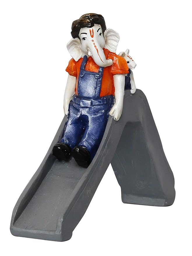 Ecraftindia Handcrafted Polyresin Lord Ganesha Idol Enjoying Slide With Mushak Decorative Showpiece
