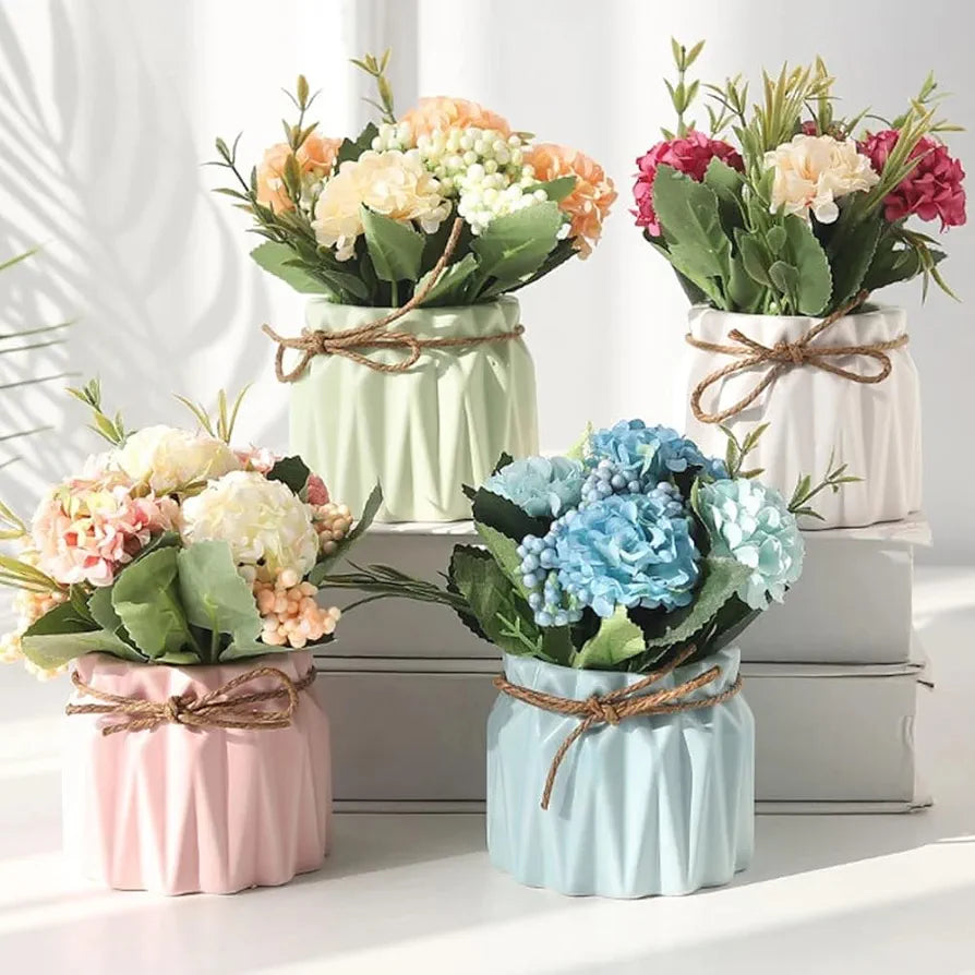 Artificial Flower with Ceramic Vase Hydrangea Bouquet Fake Flower Arrangements