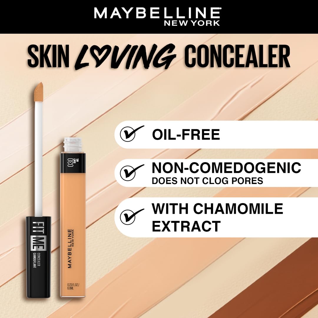Maybelline New York Fit Me Concealer, Oil free Liquid conceals dark circles, redness, flaws, and blemishes. Fit Me suits oily skin & dry skin - Honey|6.8ml