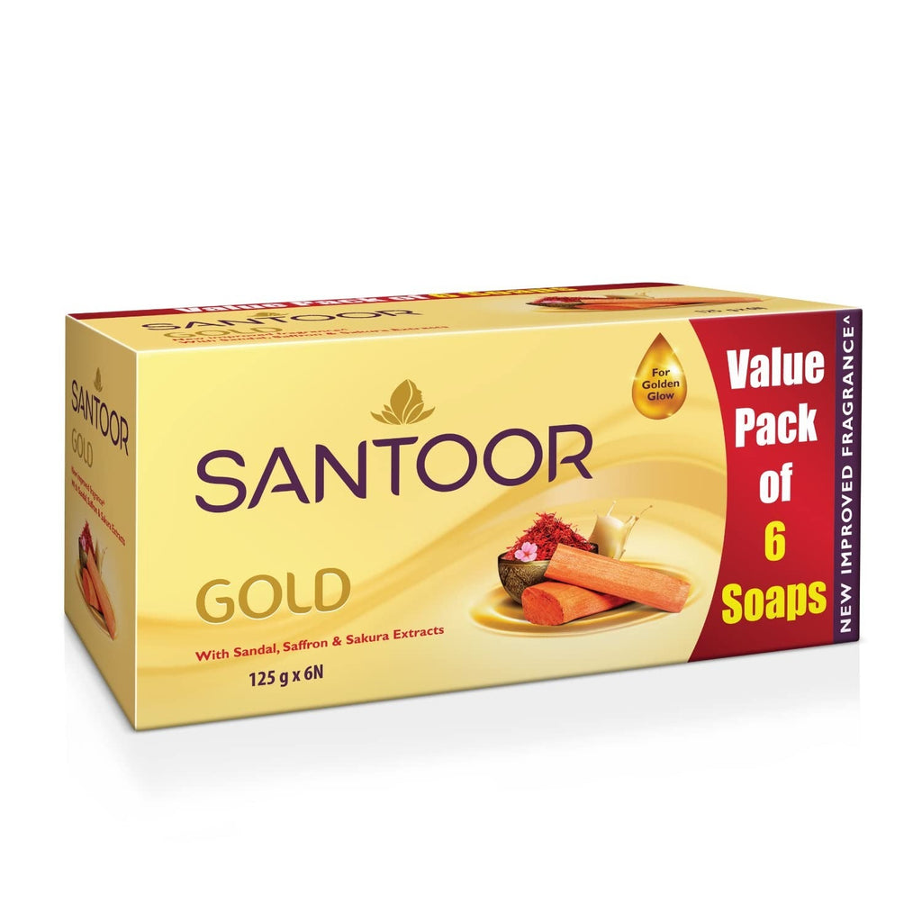 Santoor Gold Bathing Bar Soap with Kashmiri Saffron Sandal & Sakura Extracts - 125 gms (Pack of 6)