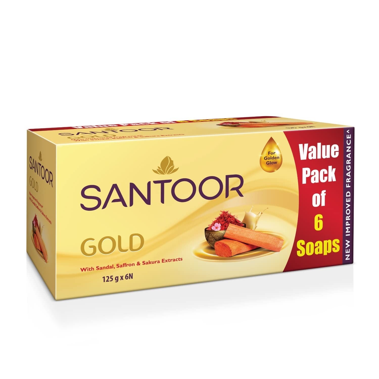 Santoor Gold Bathing Bar Soap with Kashmiri Saffron Sandal & Sakura Extracts - 125 gms (Pack of 6)