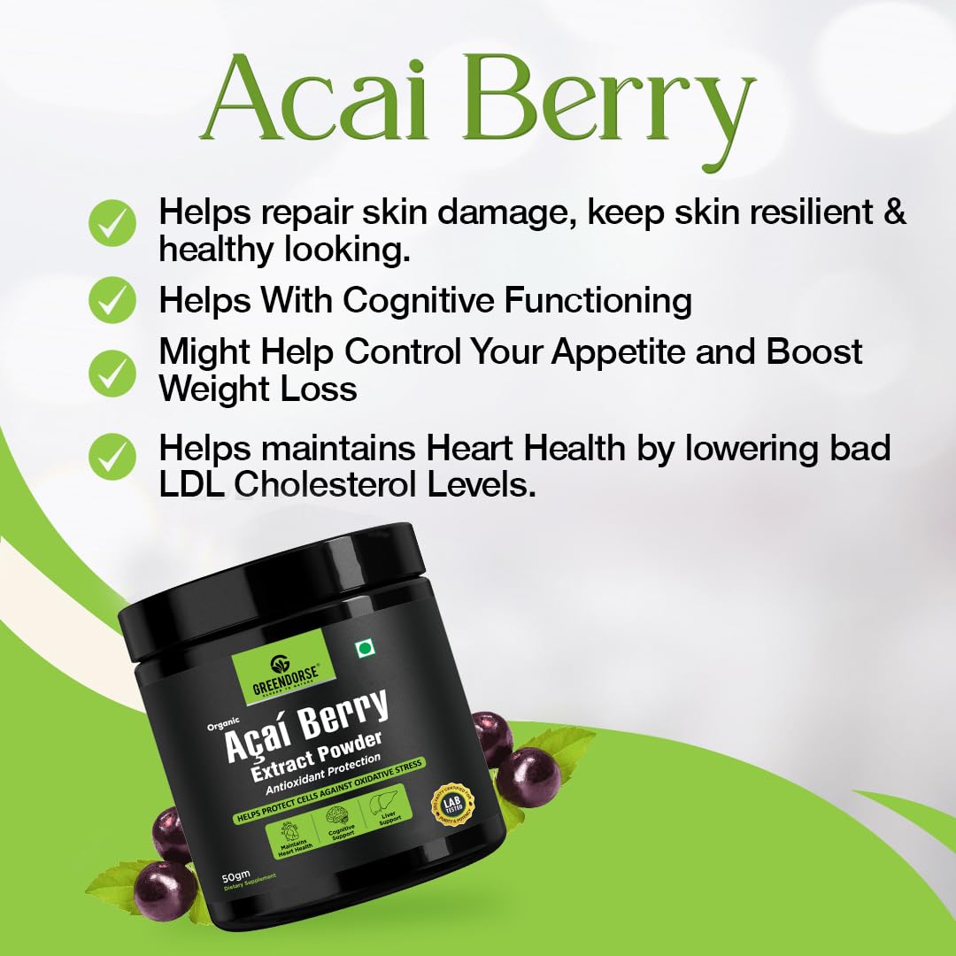 GREENDORSE Acai Berry Extract Powder, 10x Concentrated | SUPERFOOD Rich in 19 amino acids, Muscle building Fibres, Antioxidant & Collagen boosting Vitamin C | Supports Brain, Liver & Heart Functioning- 50g