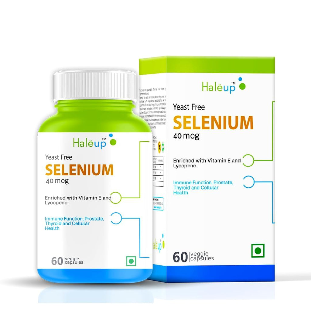 Haleup Selenium 40 mcg || Enriched with Vit E & Lycopene || 60 capsules Supplement || Non-GMO & Gluten Free || (Pack of 1, 60, count)
