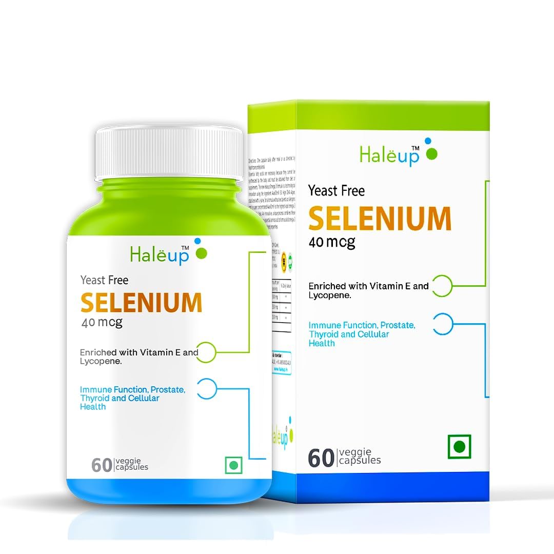 Haleup Selenium 40 mcg || Enriched with Vit E & Lycopene || 60 capsules Supplement || Non-GMO & Gluten Free || (Pack of 1, 60, count)