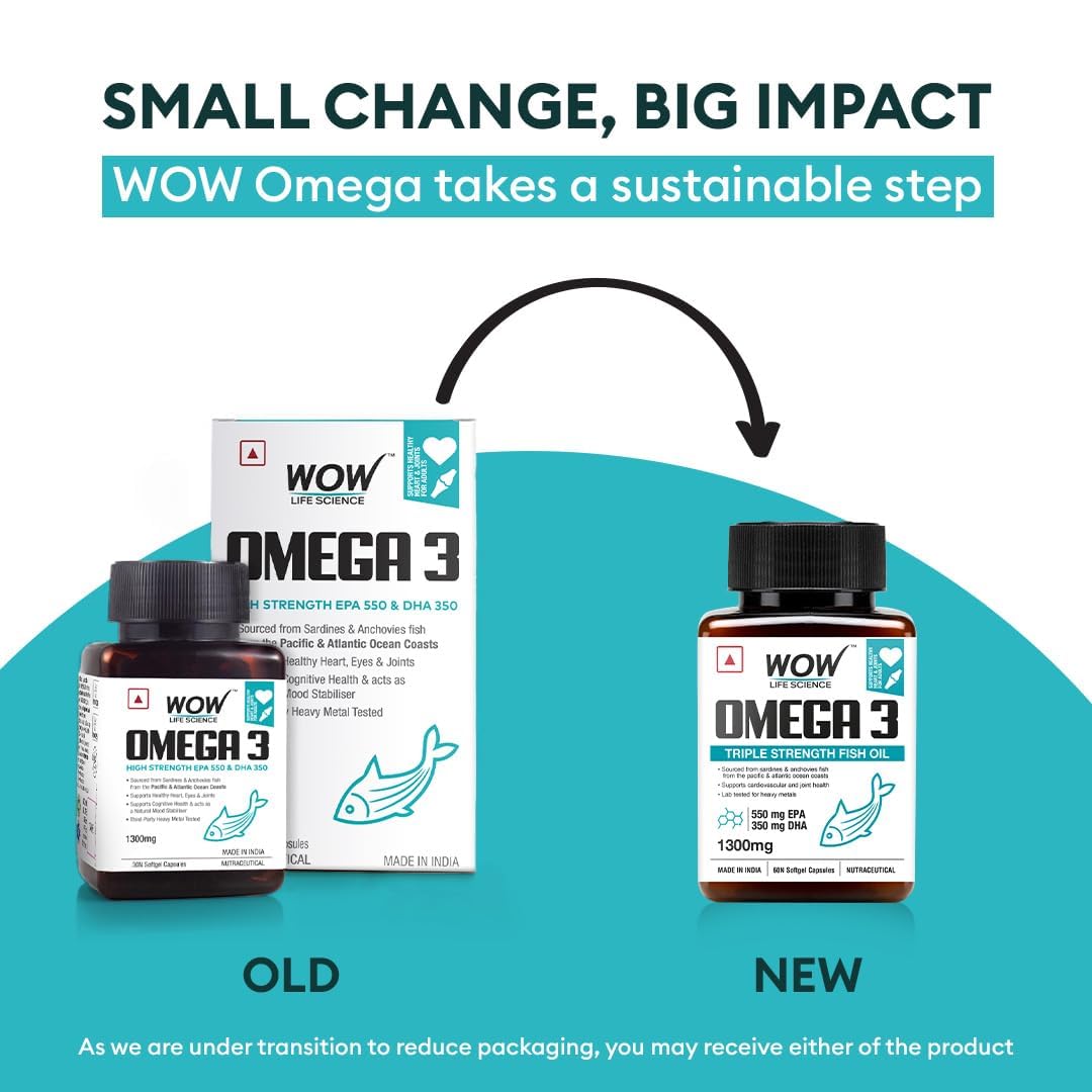 WOW Life Science Omega-3 Fish Oil 1300 Mg Triple Strength 550Mg Epa 350Mg Dha,Burpless,Mercury Free,Ideal For Keto Diet,1 Count