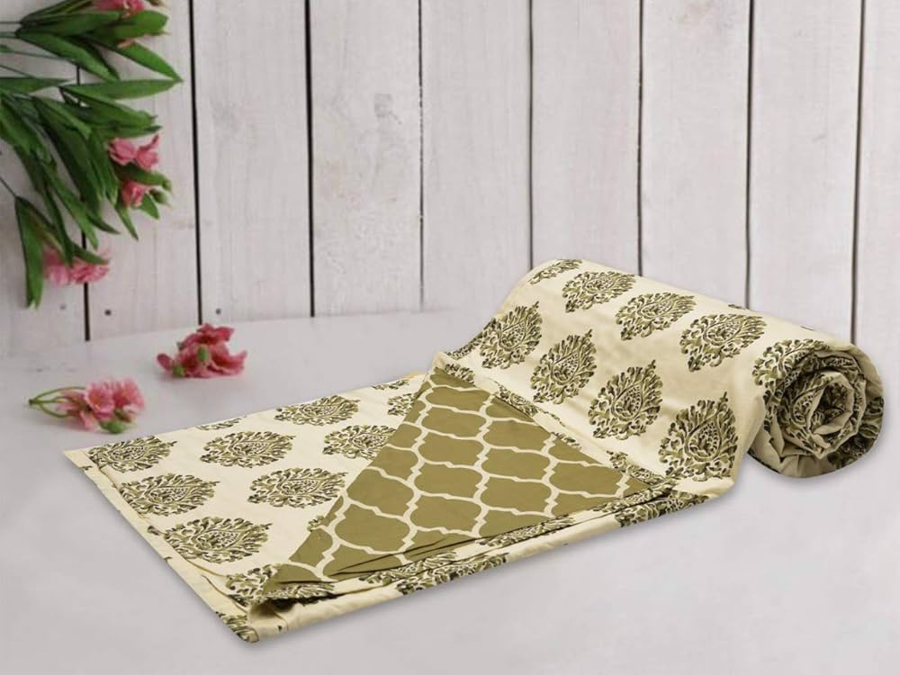 Trance Home Linen 150 GSM Pure Cotton Reversible Dohar Single Bed Size AC Blanket Comforter Soft Light-Weight Bed Blanket 56 x 88 inch Colour Damask Forest Green