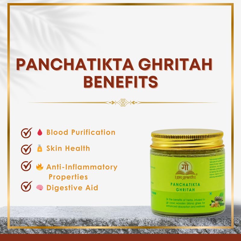 Cow Ved GauGranth PanchaTikta A2 Gir Cow Ghee 100ml | Ayurvedic Herbal Ghee with Neem, Patola, Vasa, Kantakari & Guduchi | Traditional Wooden Bilona Method | Pure A2 Desi Ghee in Glass Jar