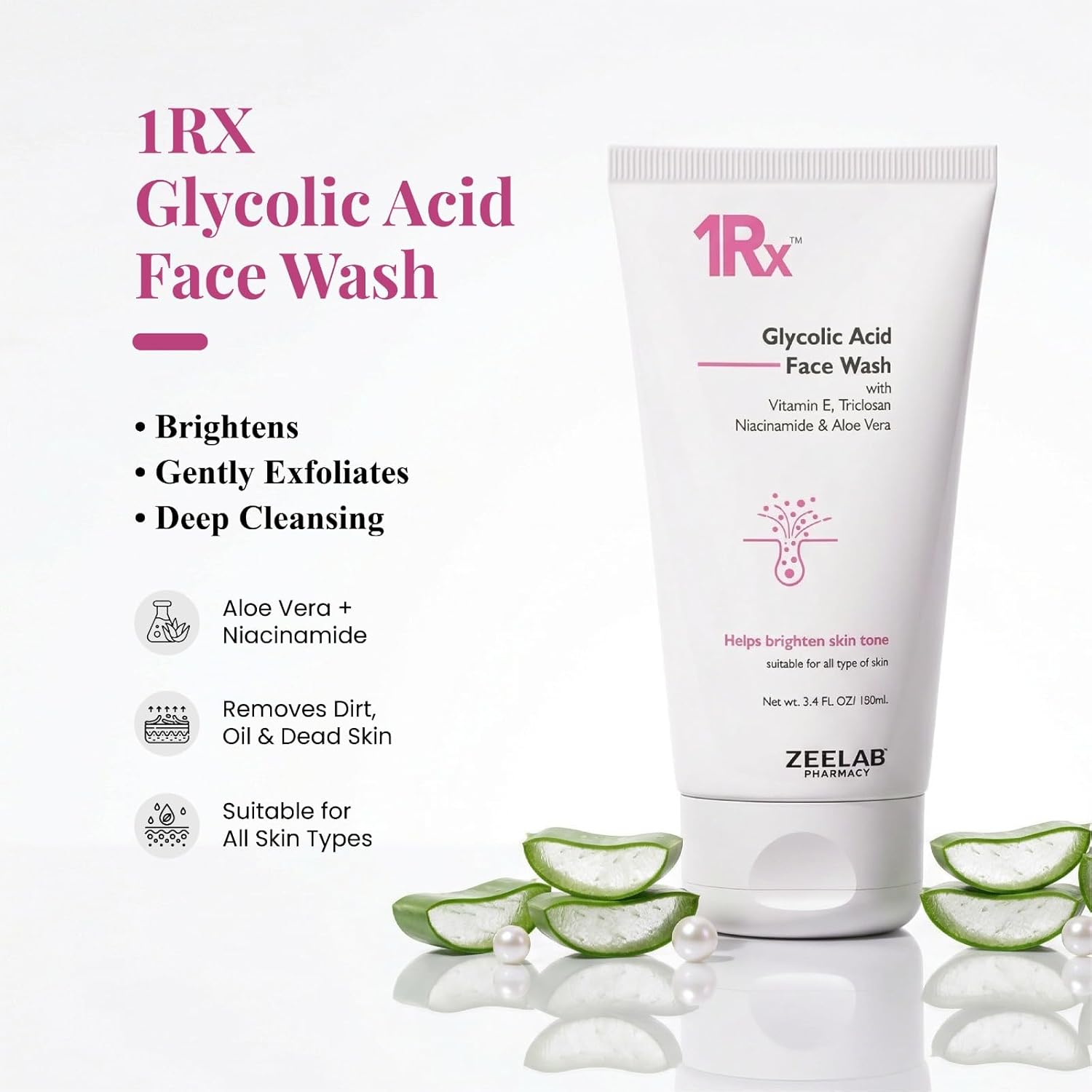 Zeelab 1RX Glycolic Acid Face Wash 100gm | Exfoliating & Brightening Cleanser | With Aloe Vera, Niacinamide & Vitamin E | Removes Dead Skin, Controls Oil & Helps Improve Skin Texture | For Men & Women