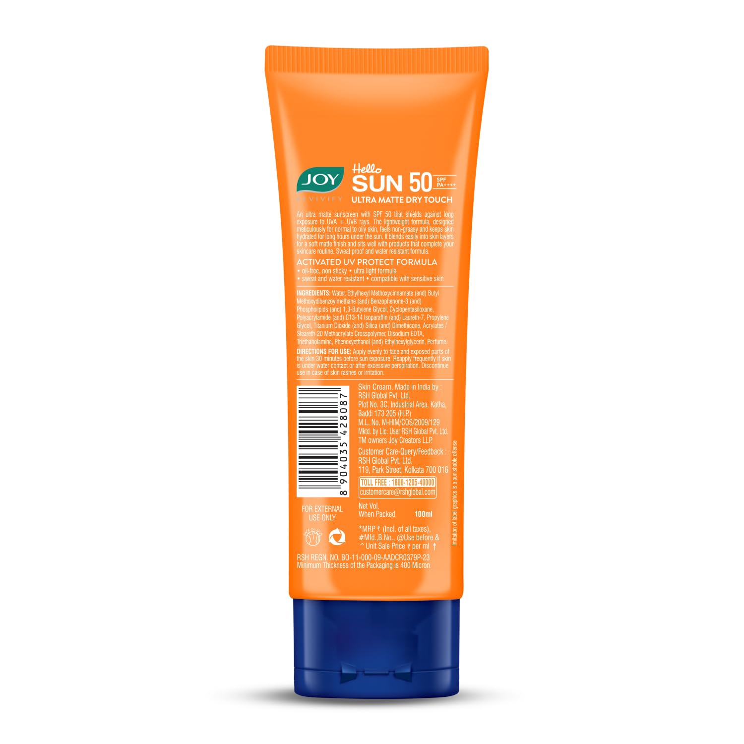 Joy Hello Sun Ultra Matte Sunscreen SPF 50 PA ++++ (100ml) | Protects & Controls Oil | Ultra Light, Water Resistant & No White Cast | SPF50 For Oily, Dry, Acne-prone Skin