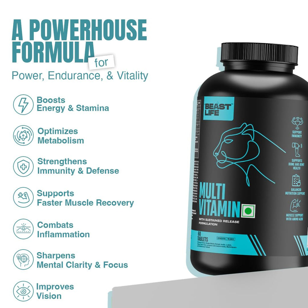 BeastLife Multivitamin Tablets With 30+ Nutrient Supports | Vitamins, Minerals, Biotanical Extract, Amino Acids & Active Ingredients |Boosts Immunity, Energy & Daily Wellness | 60 Tablets | Vital Nutrients for Active Lifestyle