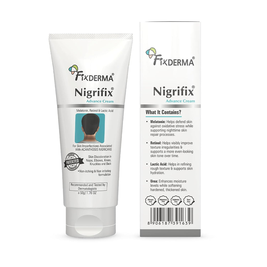 Fixderma Nigrifix Advance Cream for Acanthosis Nigricans with Melatonin, Retinol & Lactic Acid | For Dark Body Parts like Neck, Ankles, Knuckles, Armpits, Thighs & Elbows | Dermatologist Tested - 50g