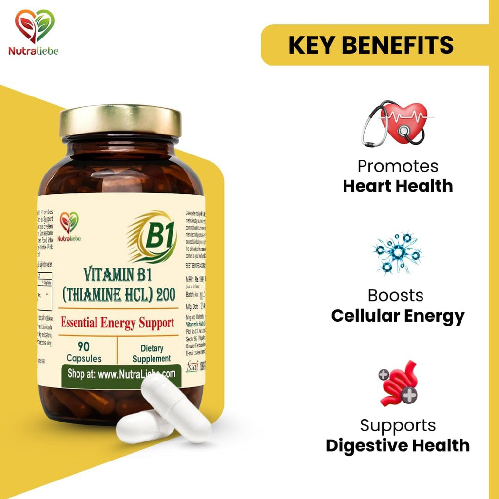 Nutraliebe Vitamin B1 (Thiamine HCl) â€“ High-Potency Energy & Nervous System Support | Promotes Metabolism, Heart Health & Brain Function | 90 Vegetarian Capsules | Non-GMO & Gluten-Free