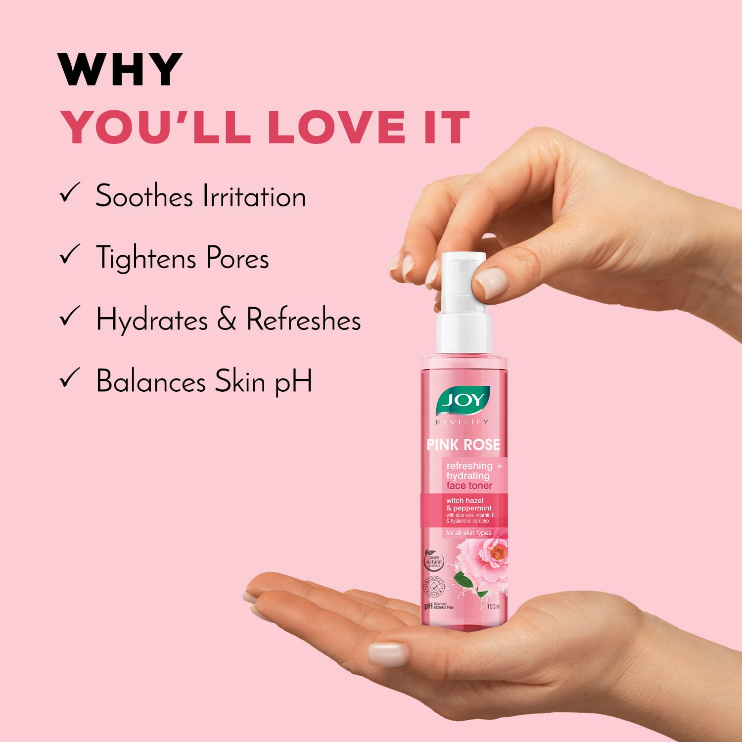 Joy Pink Rose Water Toner with Vitamin E, Hyaluronic Acid & Aloe Vera for Hydrating & Refreshing Skin (150ml) | Alcohol Free Toner with Natural Rose Aroma | Get Glowing Skin for All Skin Types
