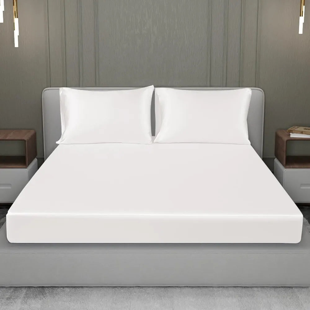 Cloth Fusion Satin Elastic Fitted Bedsheets Double Bed Luxury Queen Size with 2 Pillow Covers White