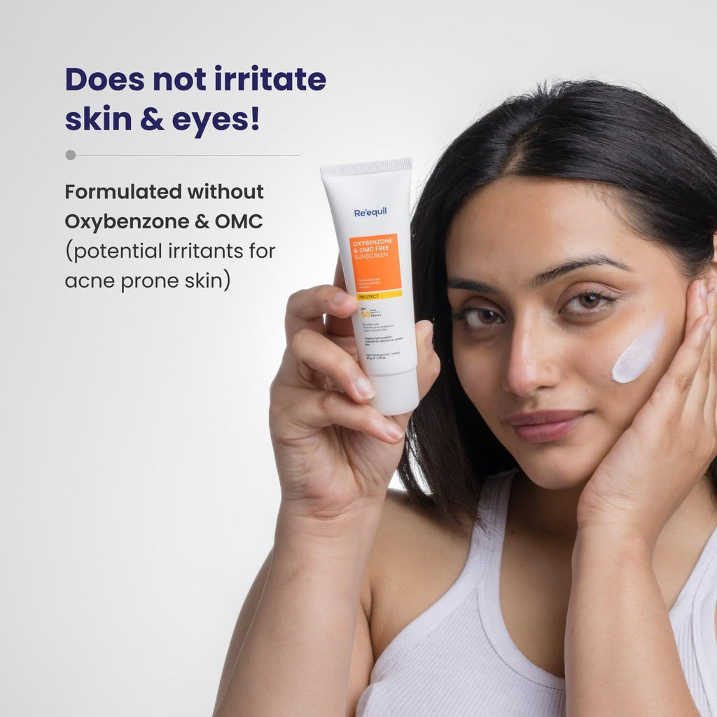 RE' EQUIL Oxybenzone and OMC Free Sunscreen For Oily, Sensitive & Acne Prone Skin | Prevents Acne Breakouts | No White Cast | SPF 50 PA+++ | 50g
