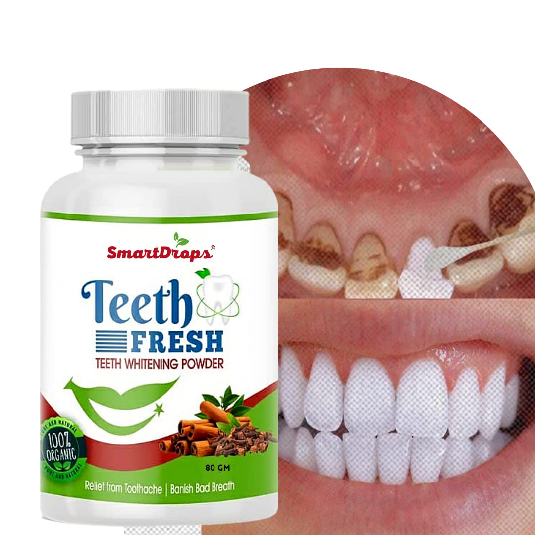 Smartdrops Teeth Whitening Powder, For Shiny Polished Teeth, Improves Teeth Whiteness and Brightness, Helps Fight Plaque, Removes Stains, Freshens Breath, Natural Ingredients, 80gm